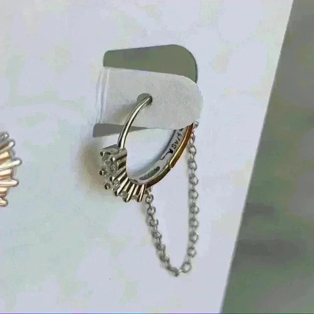 Diamond Paved Silver Huggie Hoop Chain Earrings - Picture 3 of 4